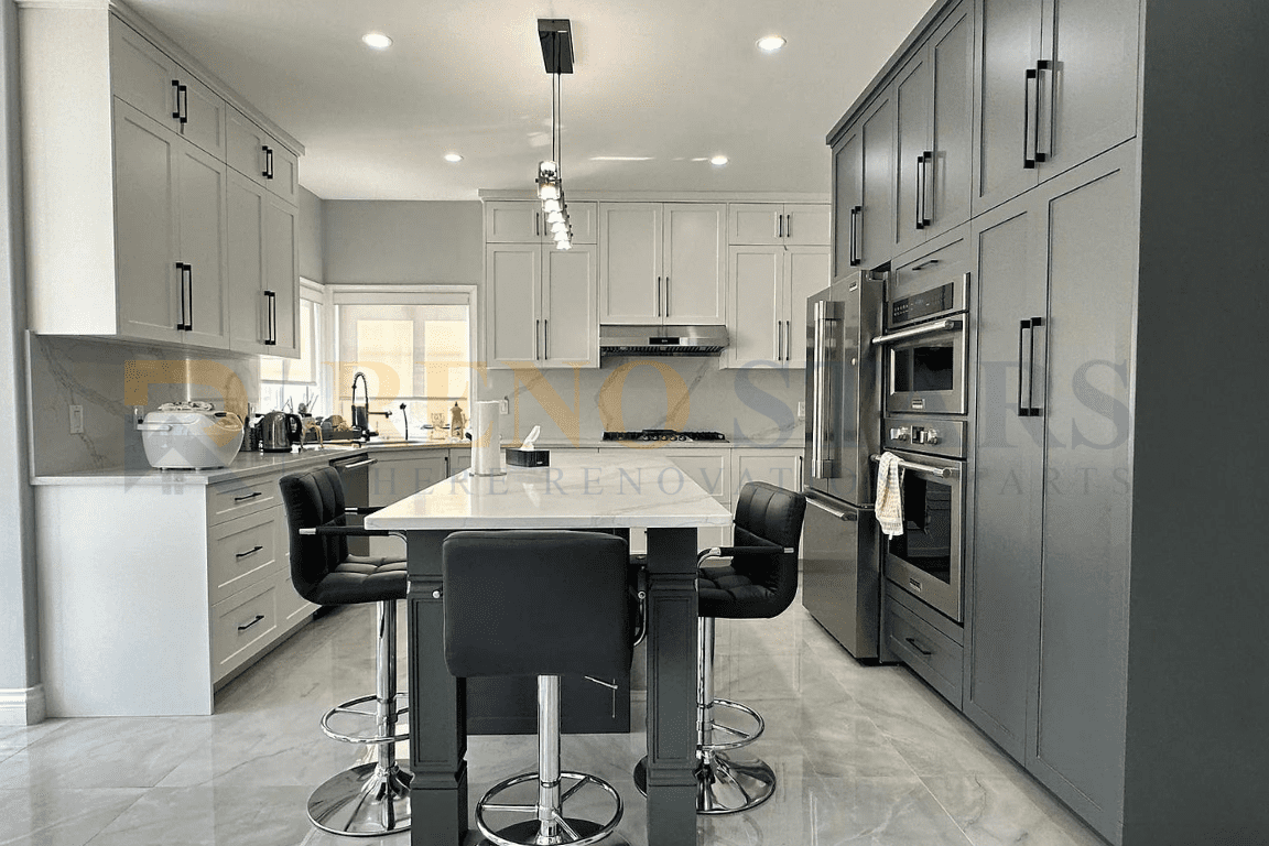 After image of a renovated kitchen in Coquitlam with customized black tone cabinets, showcasing the results of cabinet refacing in Coquitlam
