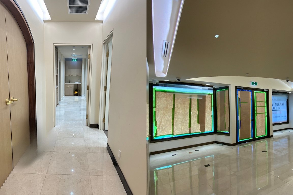 before renovation; Innovative Hallway Design with Wall Shelf and Indirect Lighting in Commercial Renovation in Vancouver​