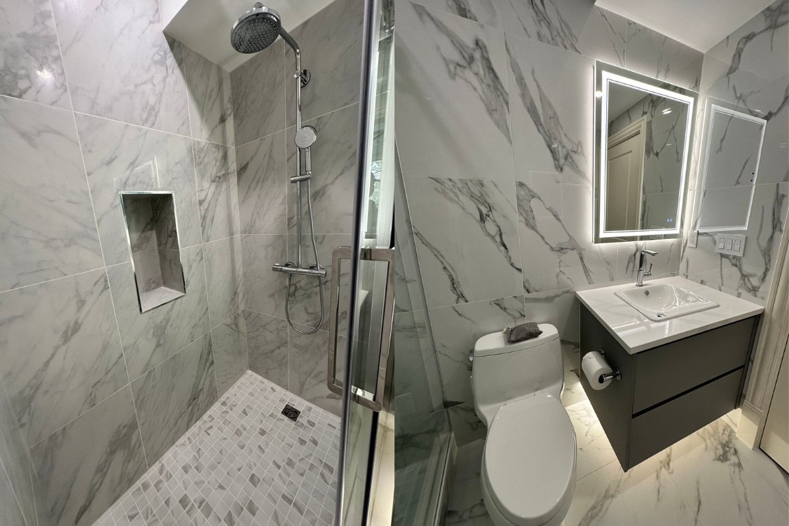 Modern bathroom with marble tiles, a floating vanity, and luxurious fixtures from Reno Stars' latest renovation project