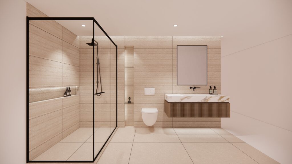 Minimalist bathroom with a floating vanity, a wall-mounted toilet, a glass-enclosed shower, and beige large-format tiles.