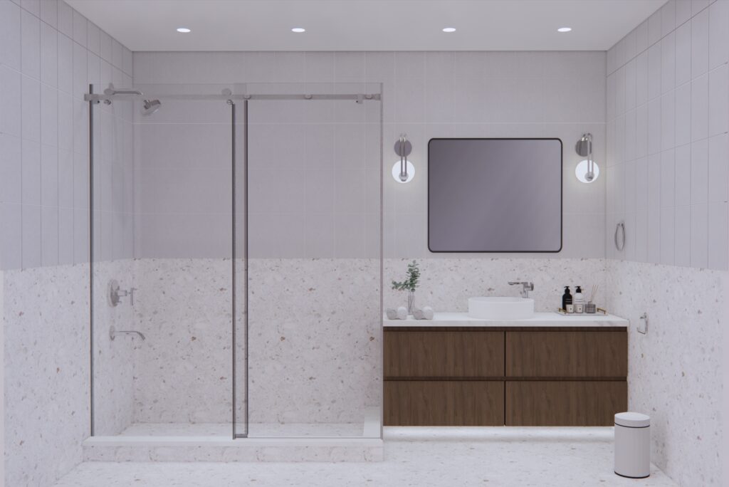 Modern bathroom with a dark wood vanity, glass-enclosed shower, large mirror, and soft ambient lighting.