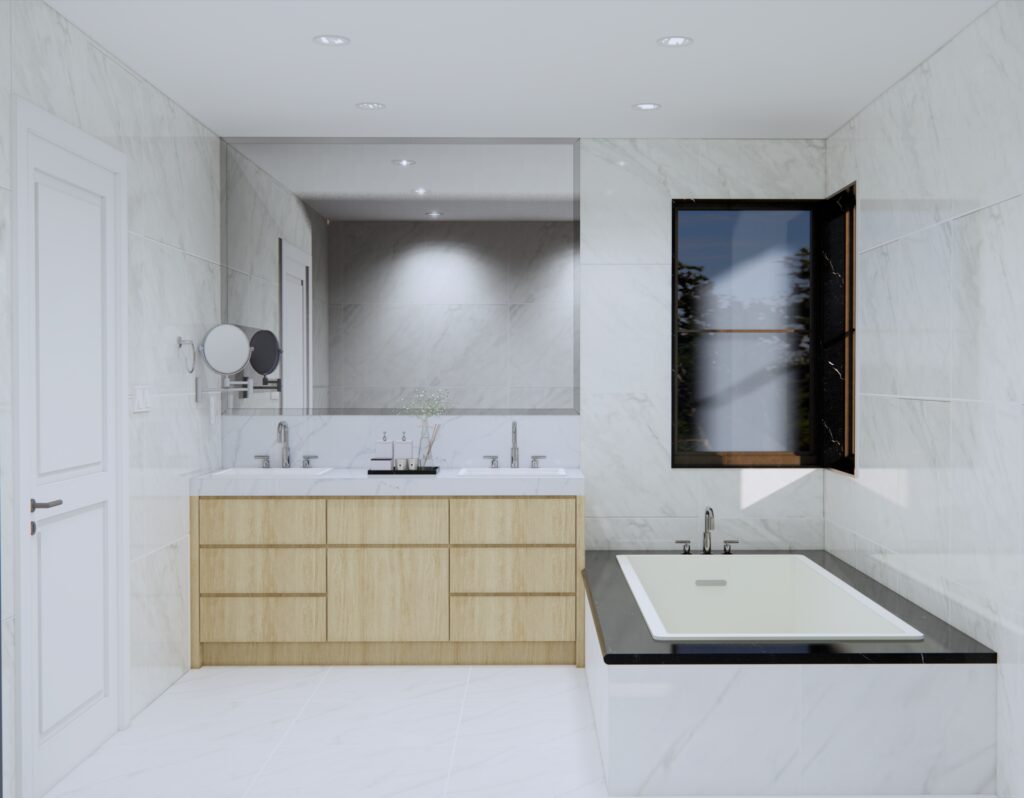 Modern bathroom with a double vanity, built-in bathtub, large mirror, and natural wood cabinetry.