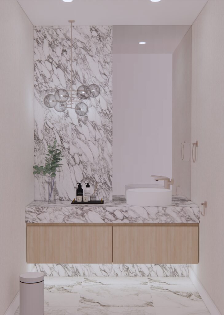 Modern bathroom with a marble vanity, floating wooden cabinet, vessel sink, pendant lighting, and elegant decor accents.