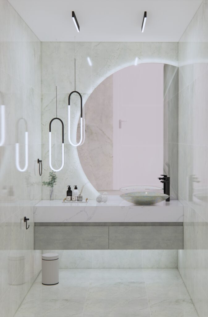 Luxurious modern bathroom featuring a marble vanity, floating sink, LED accent lighting, glass vessel sink, and unique pendant lights.