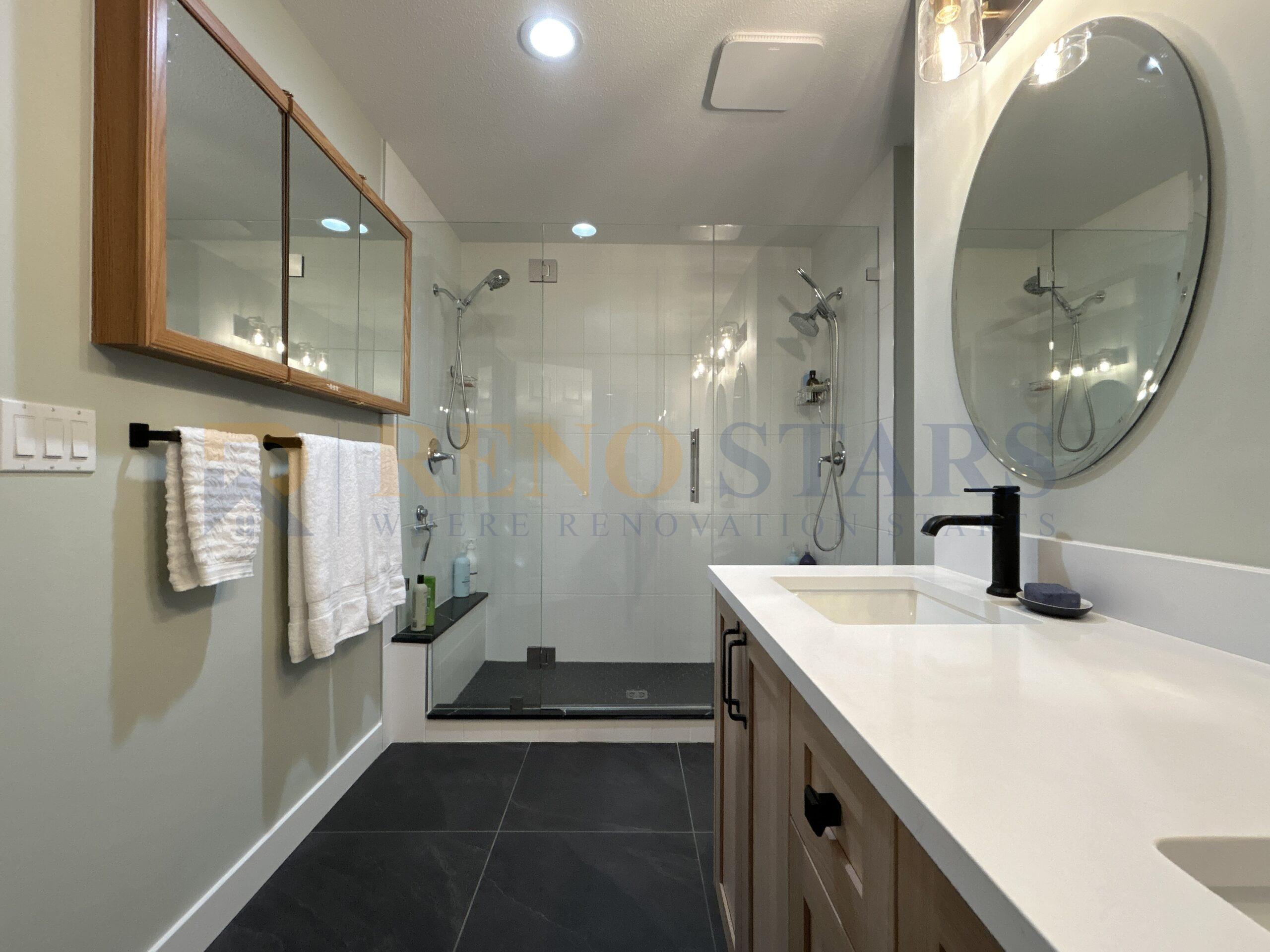 Modern double shower with built-in Shelf, dual showerheads, and glass enclosure